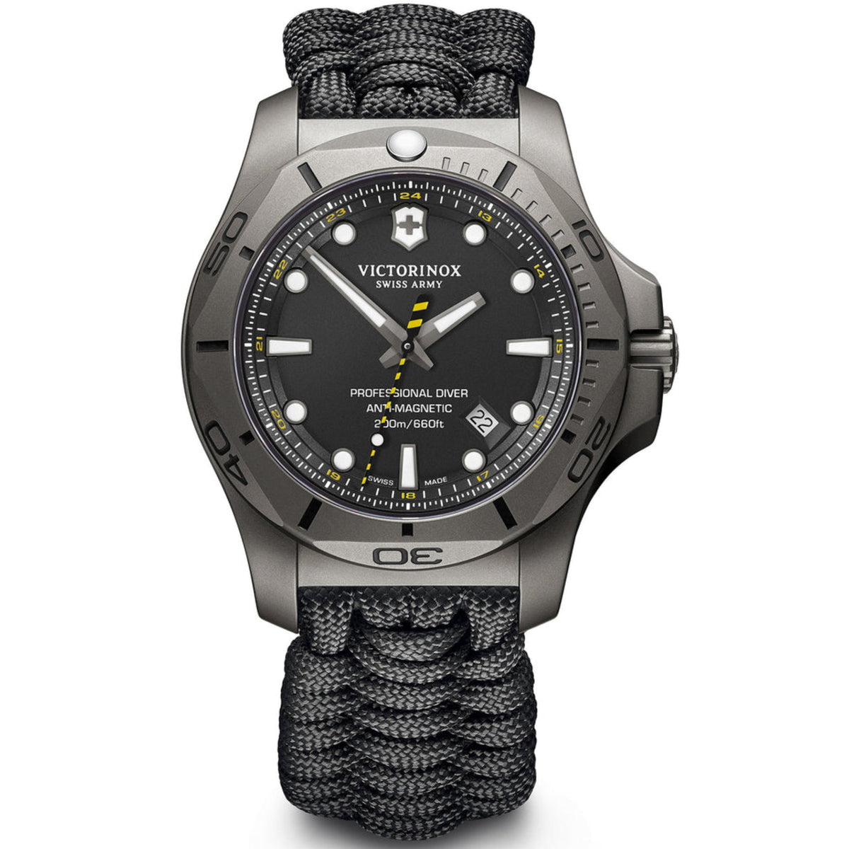 Men's diver watch with black dial, steel case, black paracord strap and bezel