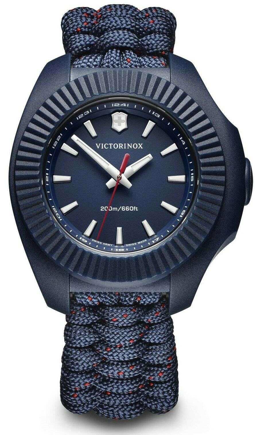 Victorinox I.N.O.X quartz ladies watch with navy-blue dial, ribbed bezel, paracord strap