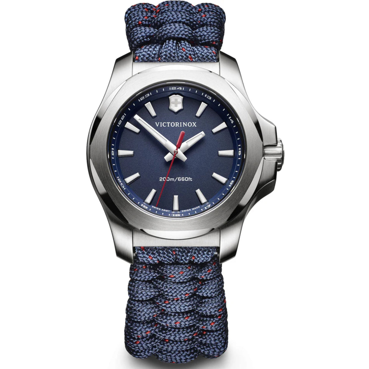 Stainless steel quartz ladies watch with blue dial and blue paracord strap, front view