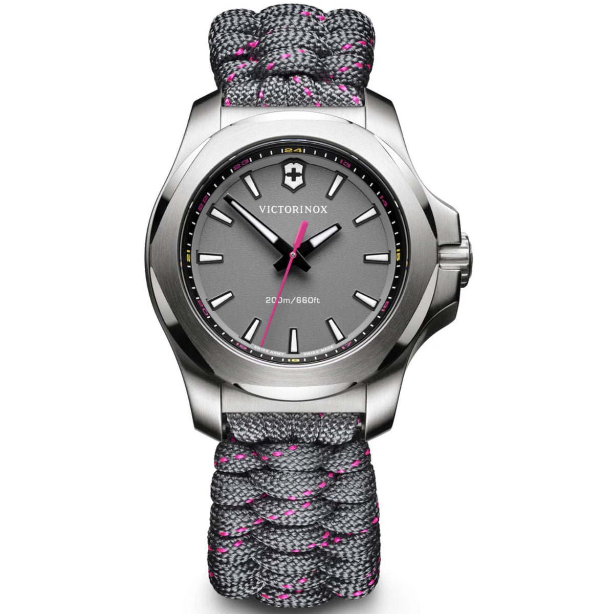 Front-facing silver stainless steel watch with dark dial, pink details, and gray paracord strap
