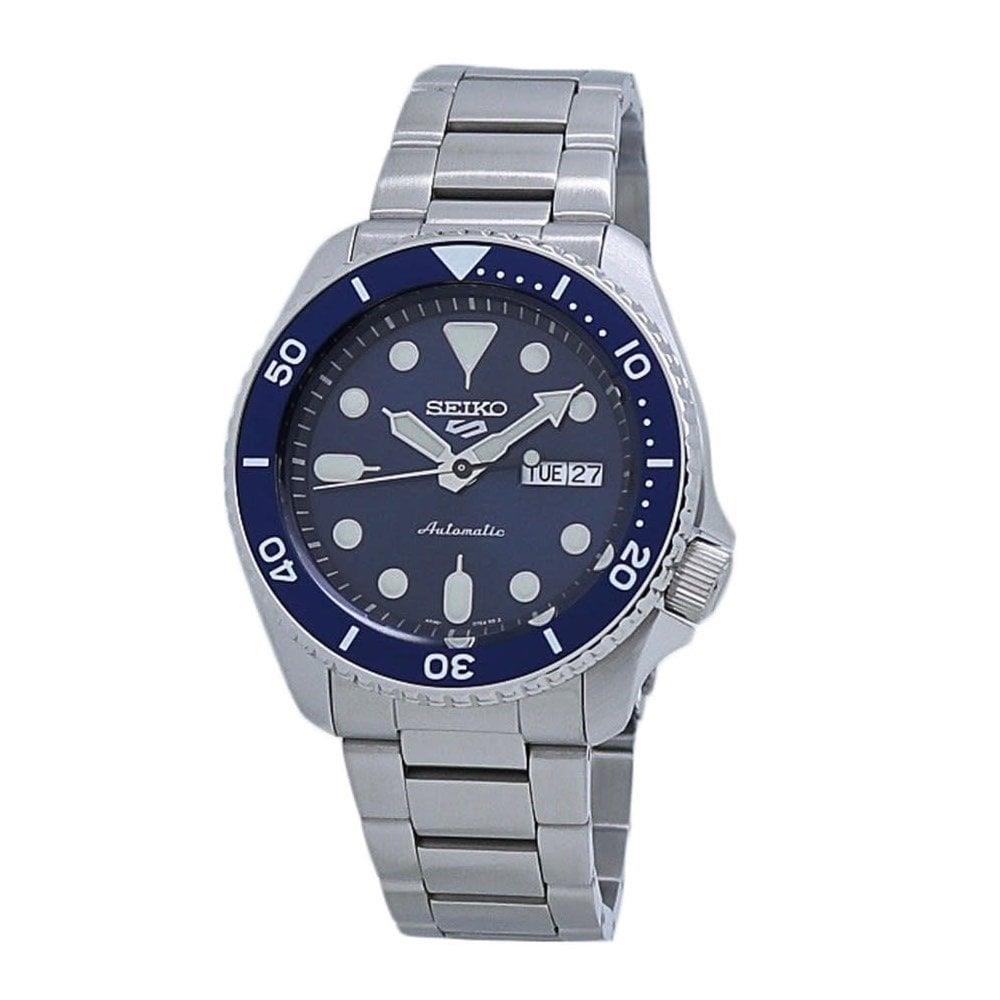 Men's automatic stainless steel watch with blue dial, silver bezel, and TUE 27 date
