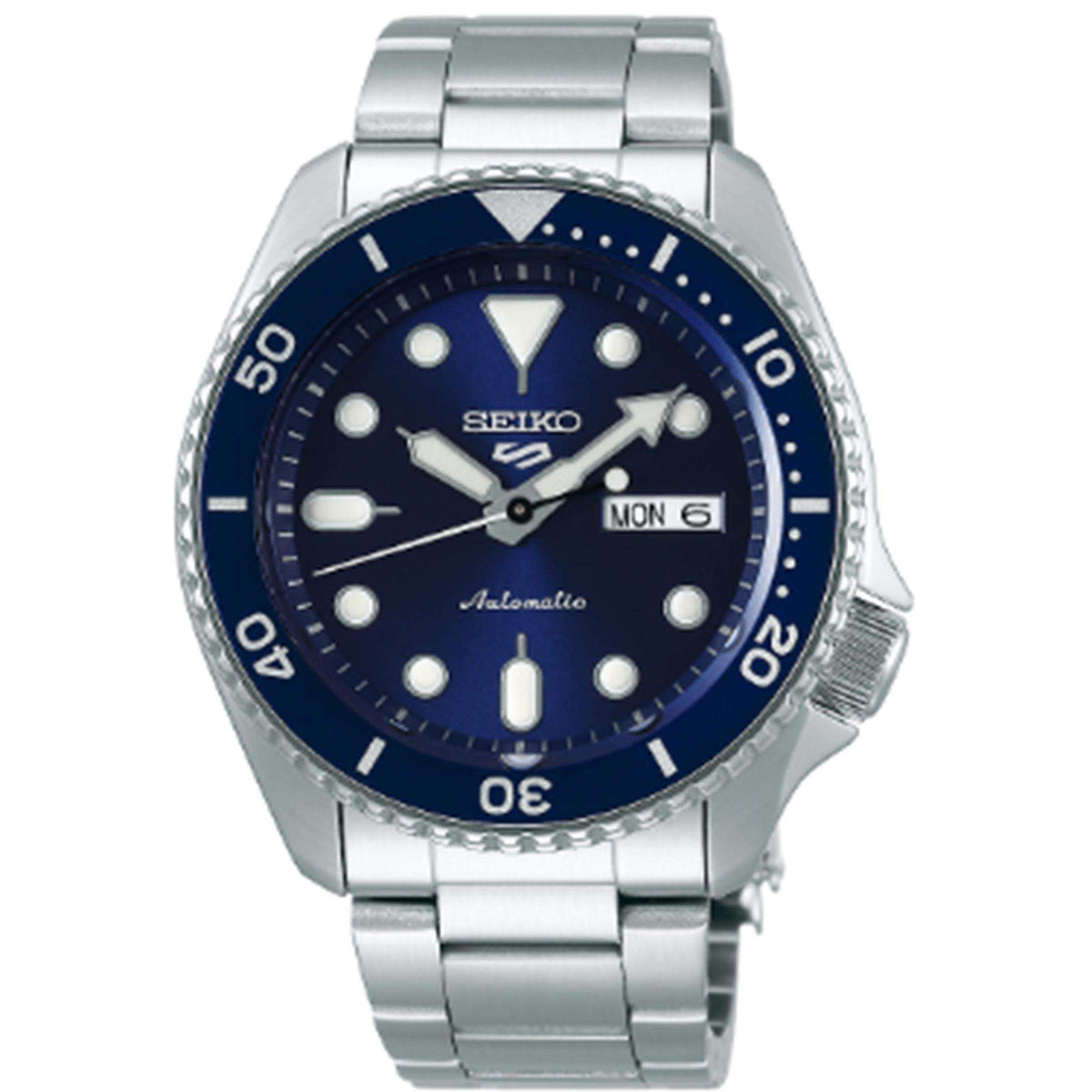 Men's automatic stainless steel watch with blue dial and MON 6 date, front view