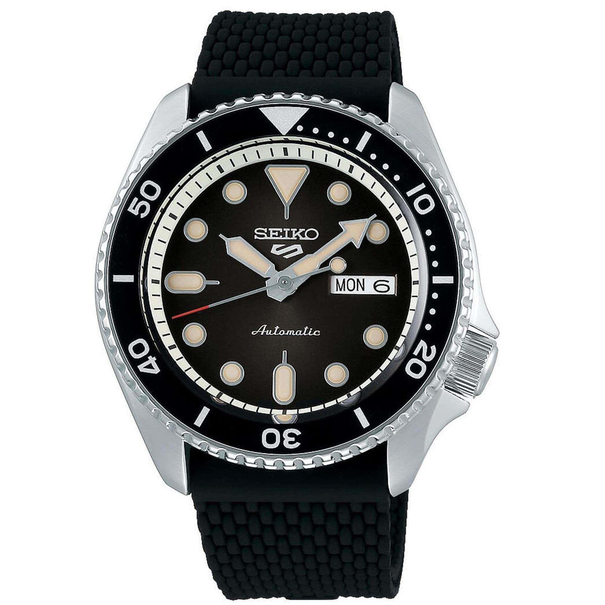Men's Seiko diver-style wristwatch with silver case, black dial, and day/date window