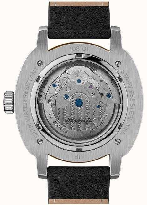 Automatic watch back with stainless-steel finish, inner movement, and black leather strap