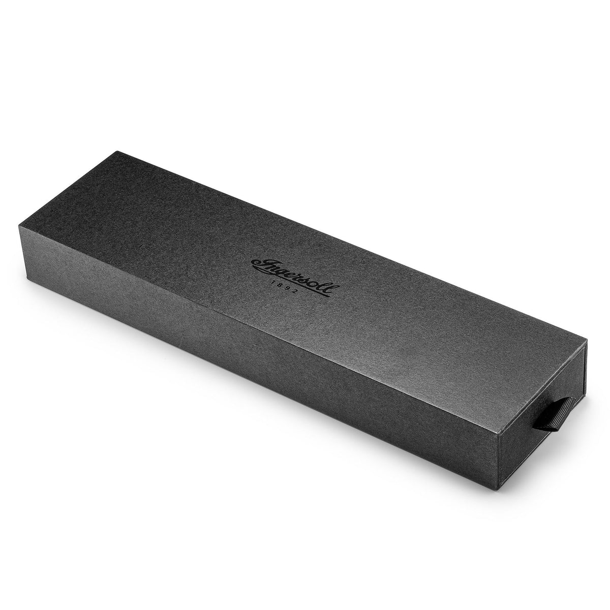 Black watch presentation box closed, featuring a small engraved brand logo on top