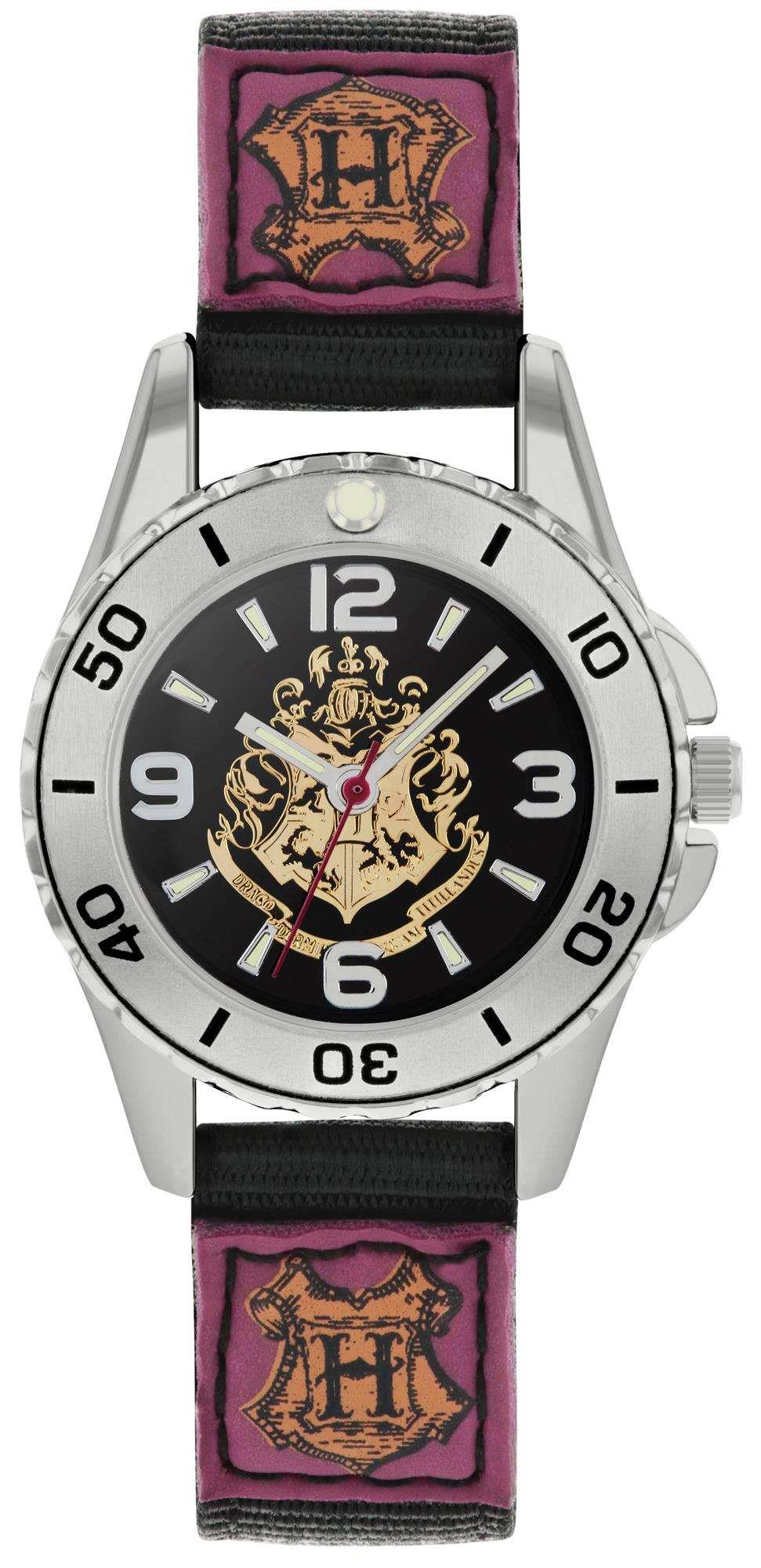 Men's quartz wristwatch with black dial, gold crest, silver case, purple fabric strap.