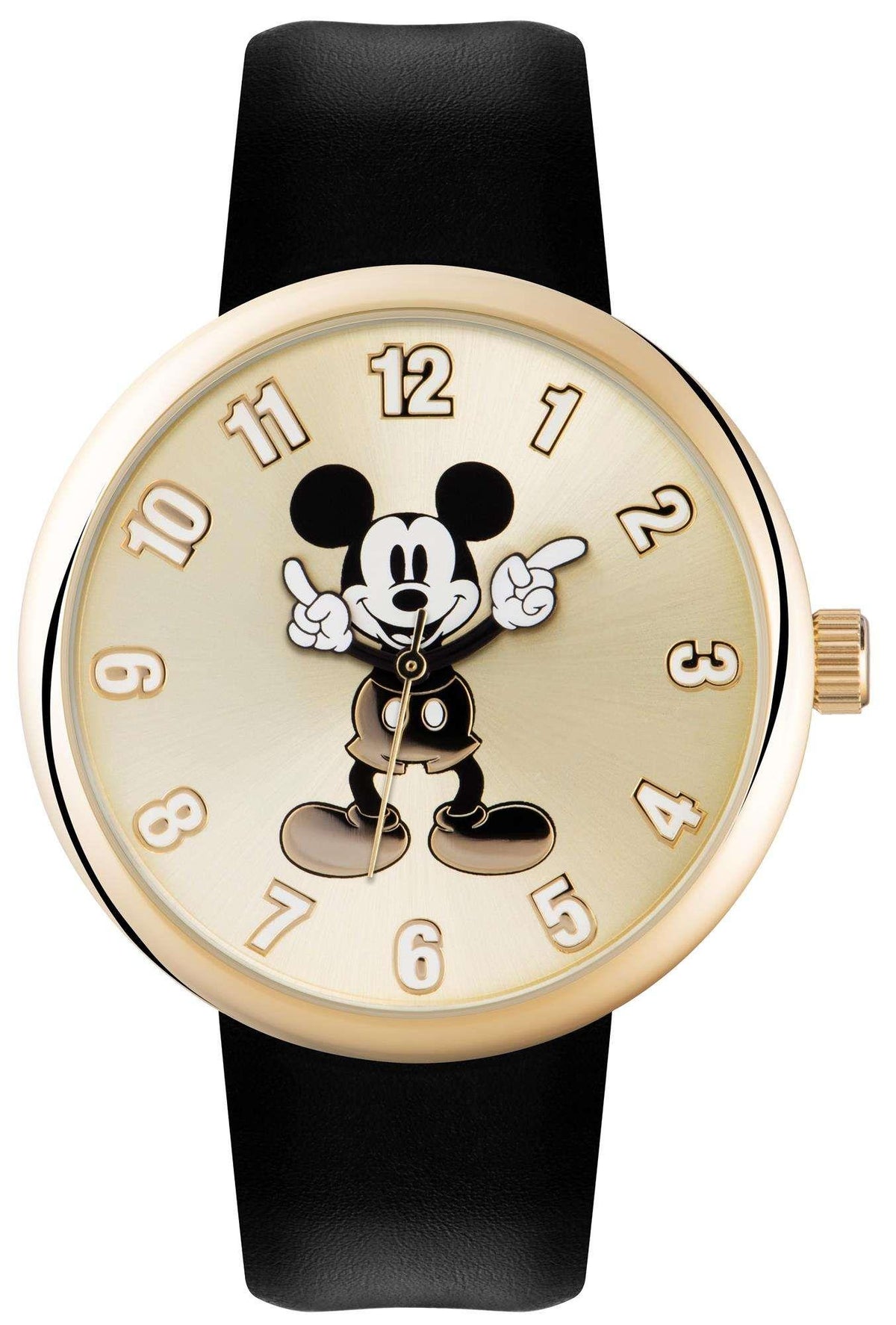 Kids Mickey Mouse quartz watch with black leather strap, gold dial, and gold-toned crown