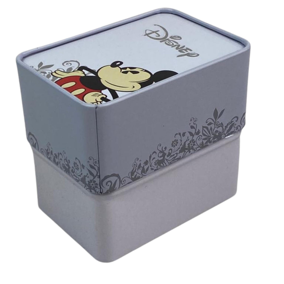 Blue-gray watch packaging box with Mickey Mouse and Disney logo on the lid