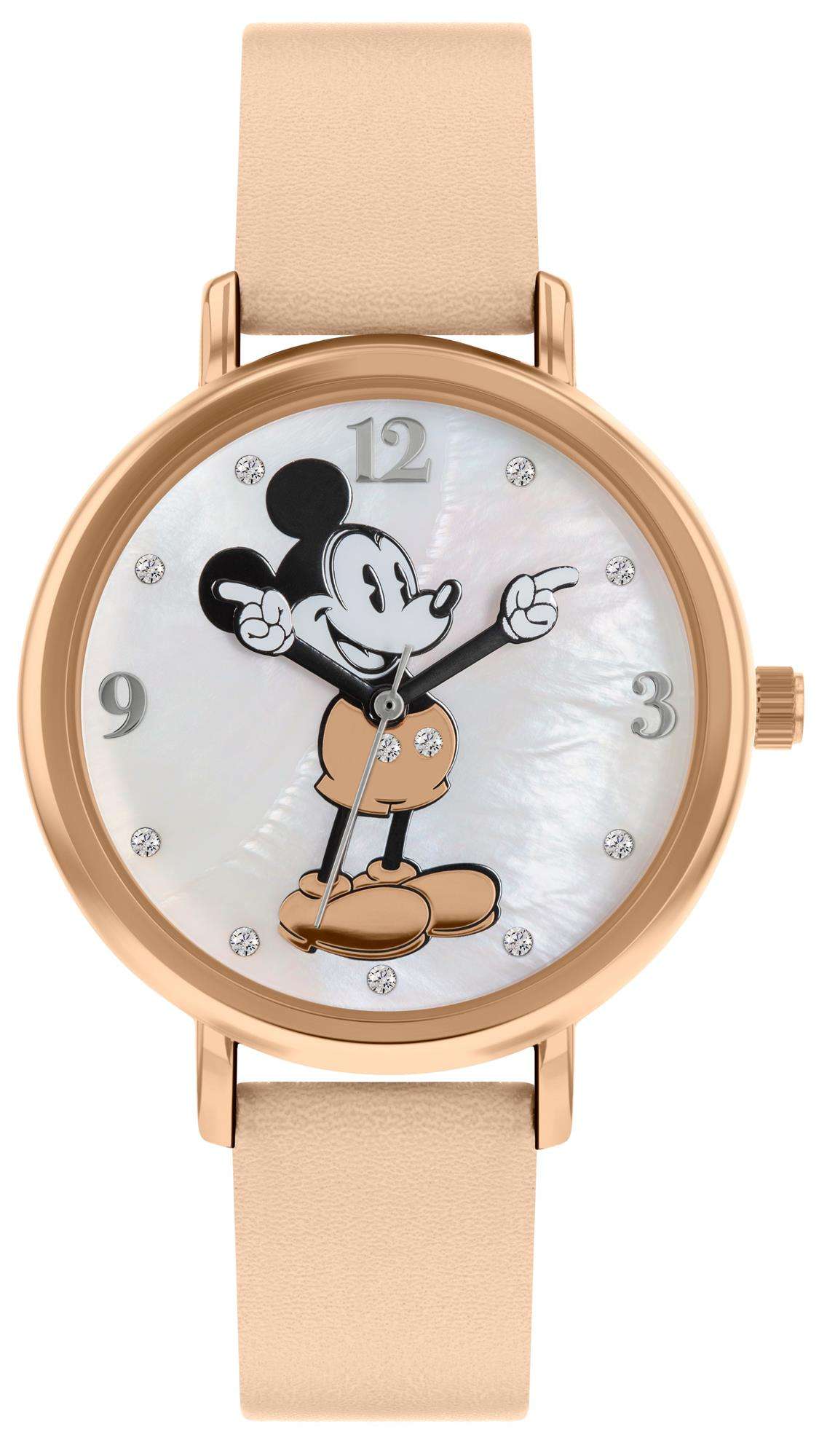 Pink leather strap quartz watch with white dial, Mickey Mouse artwork, and gold-toned case