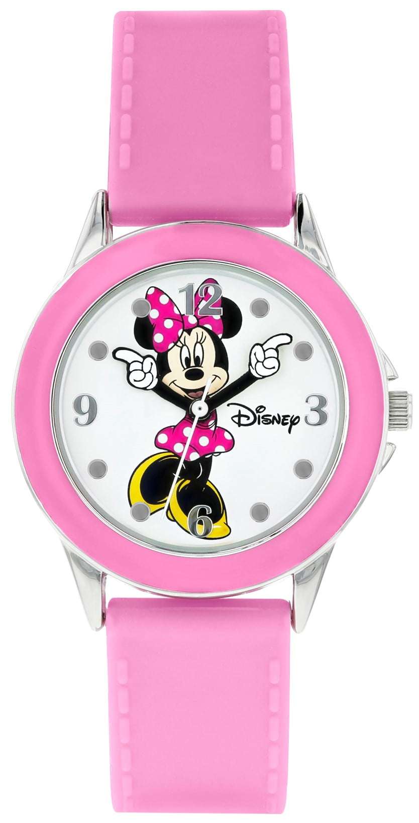 Round pink silicone band watch with silver case, Minnie graphic, numbers 12 and 3 markers
