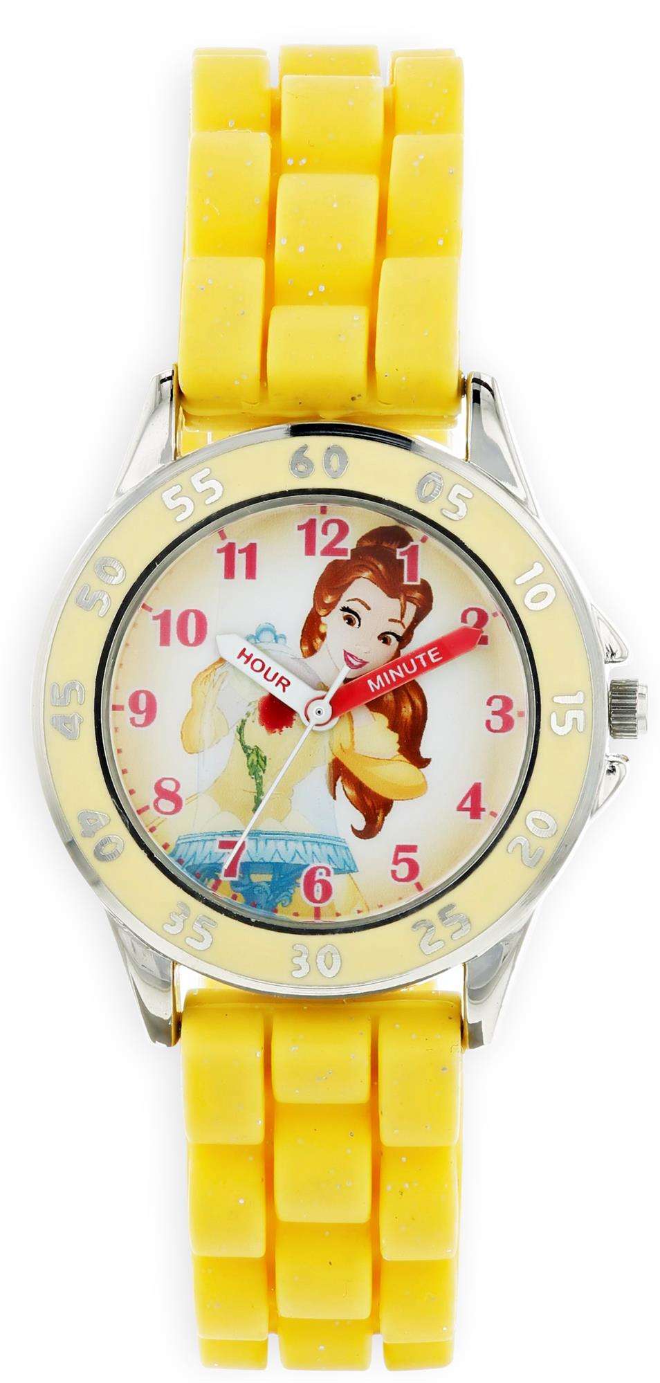 Girls yellow rubber watch with round silver bezel, Belle character face, white dial