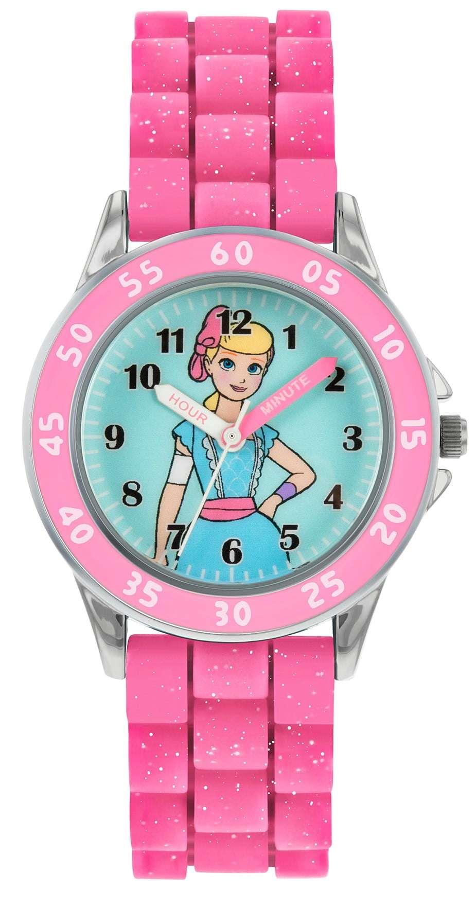 Girls quartz watch with pink rubber strap, pink bezel, blue dial and cartoon character