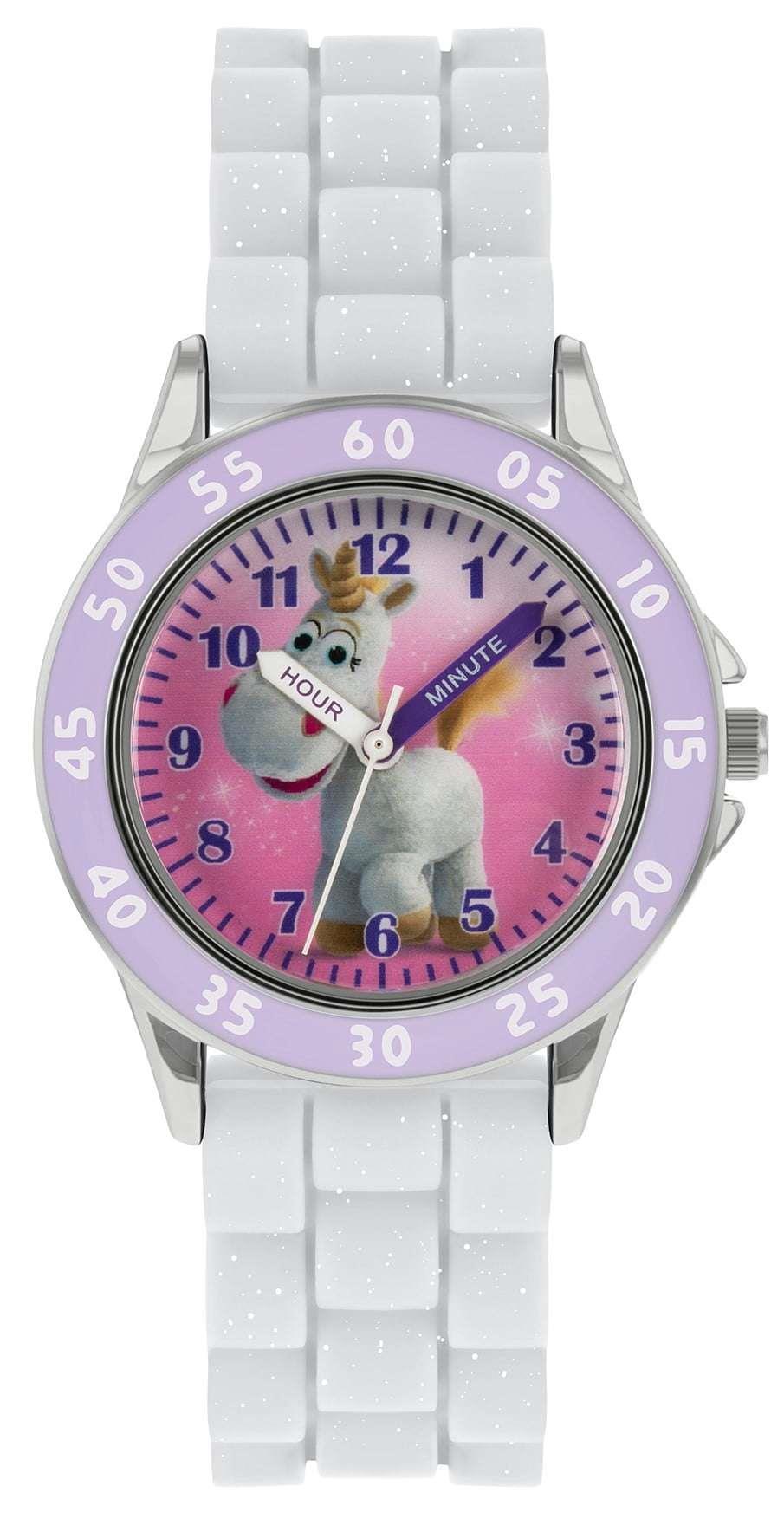 Girls' purple dial quartz watch with white link rubber strap and hour/minute markers