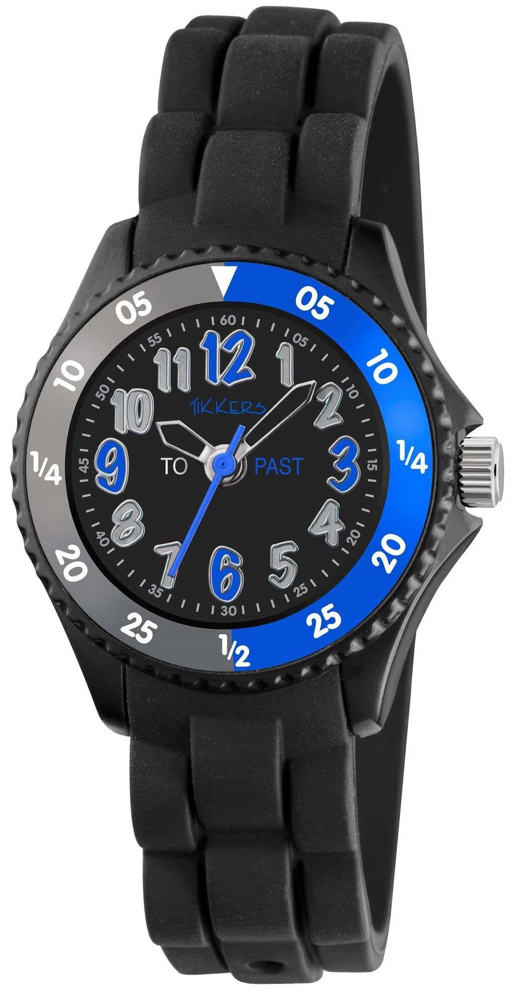 Black plastic boys watch with blue bezel and dial; analog hands, side crown visible