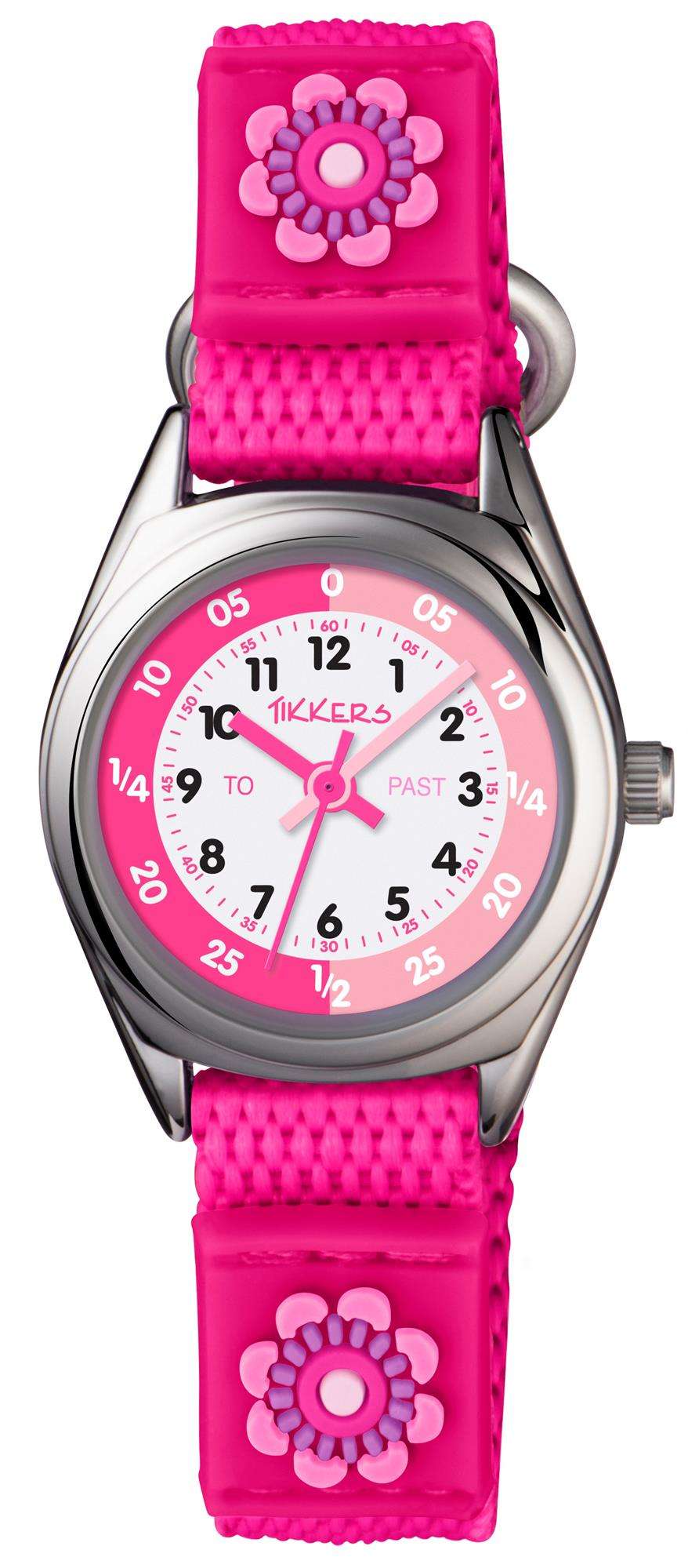 Girls pink kids watch with white dial, pink textured strap and flower patch