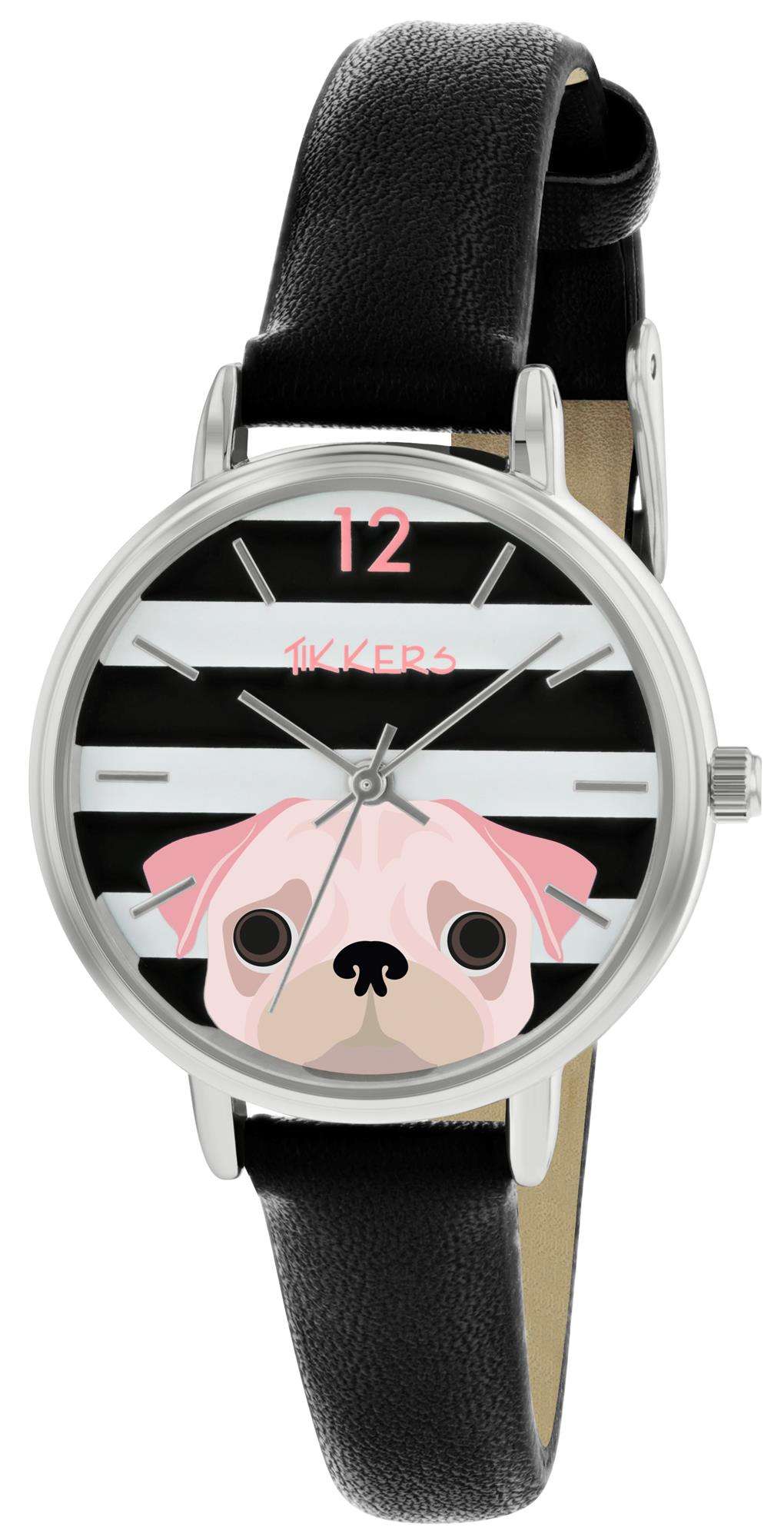 Girls Tikkers quartz wristwatch, black leather strap, silver bezel, dog illustration face