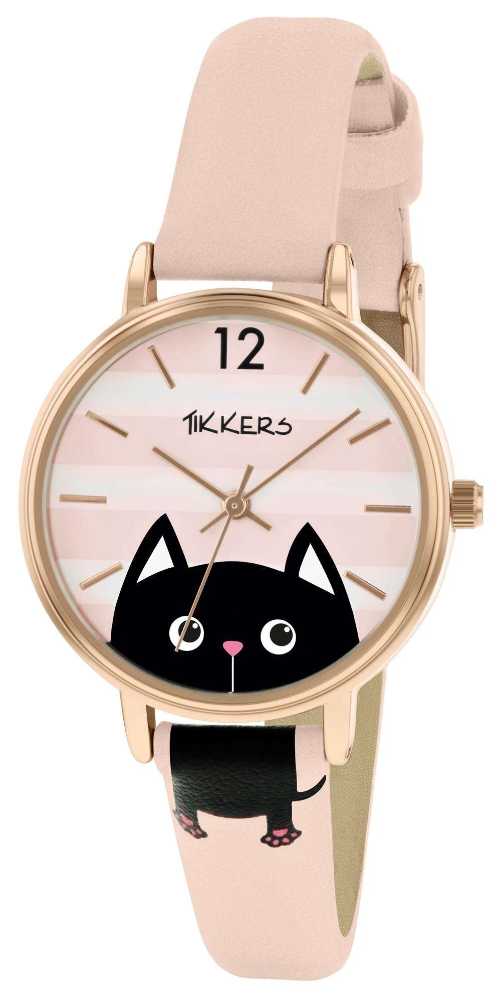 Girls pink leather strap quartz watch, gold-tone case and cat face dial with 12 o’clock marker