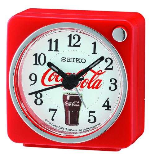 Red square alarm clock with round face, Seiko and Coca-Cola branding