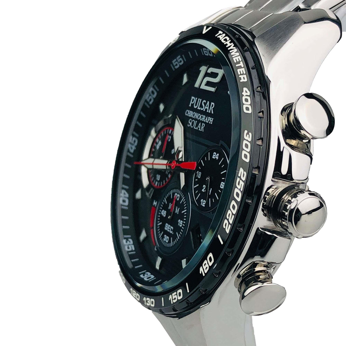 Men's stainless steel chronograph solar watch angled side view with black dial