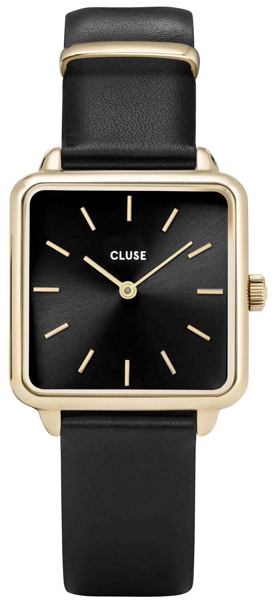 CLUSE square ladies watch with gold-tone crown, black leather strap and stick hour markers