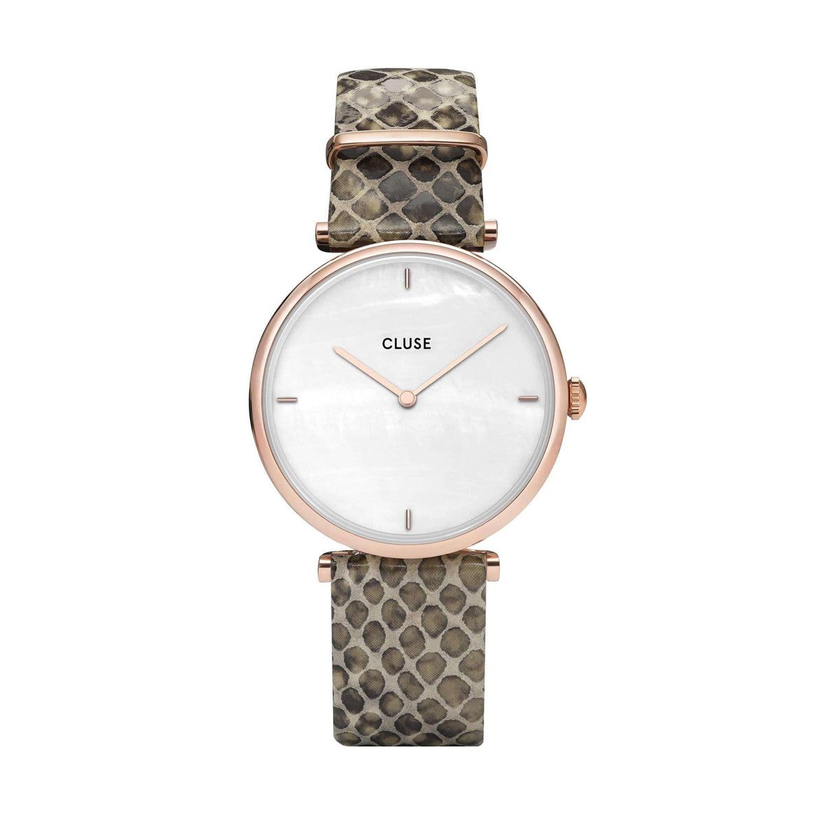 Round CLUSE rose gold watch with white dial and olive snakeskin leather strap