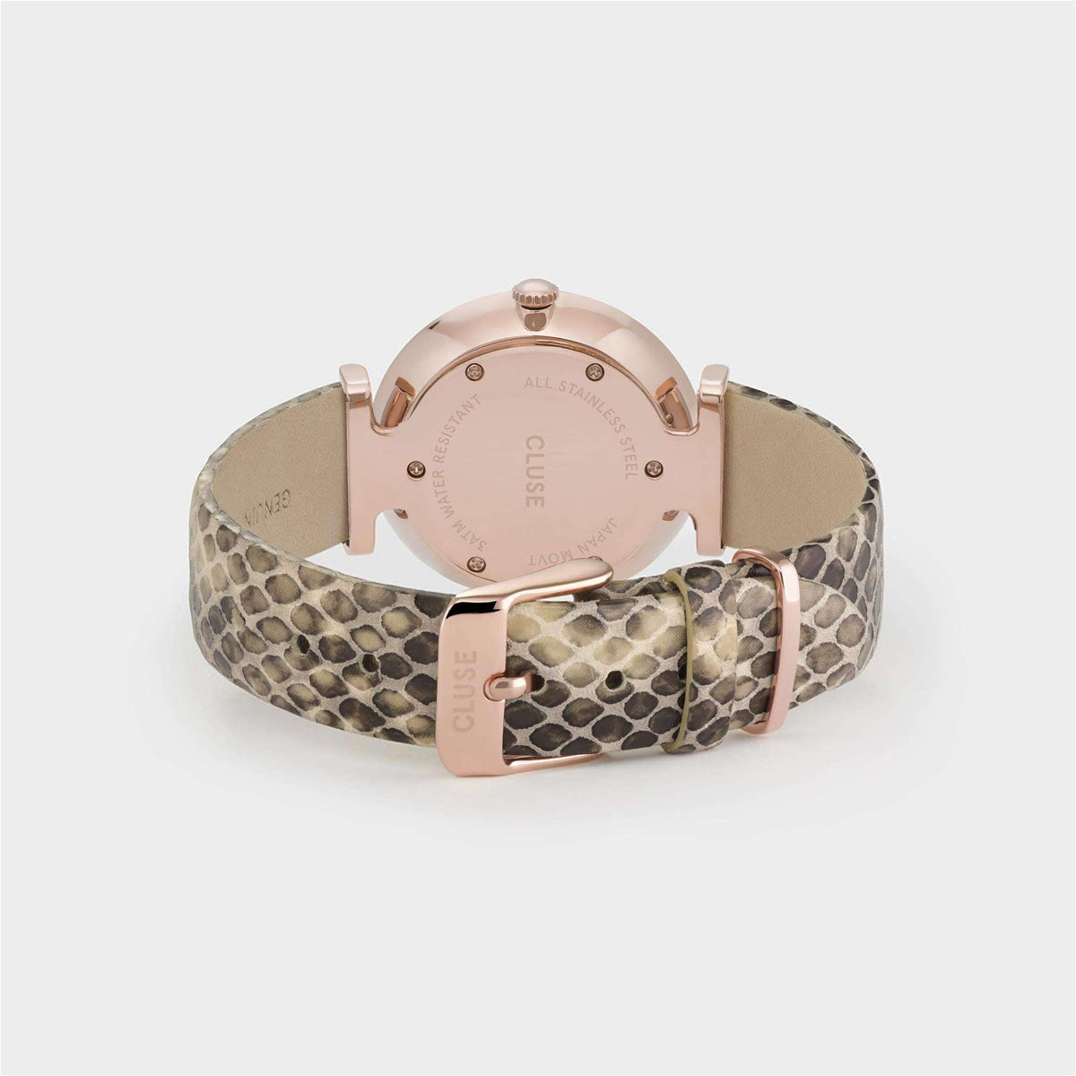 CLUSE rose gold watch back with engraved case and olive snakeskin leather strap