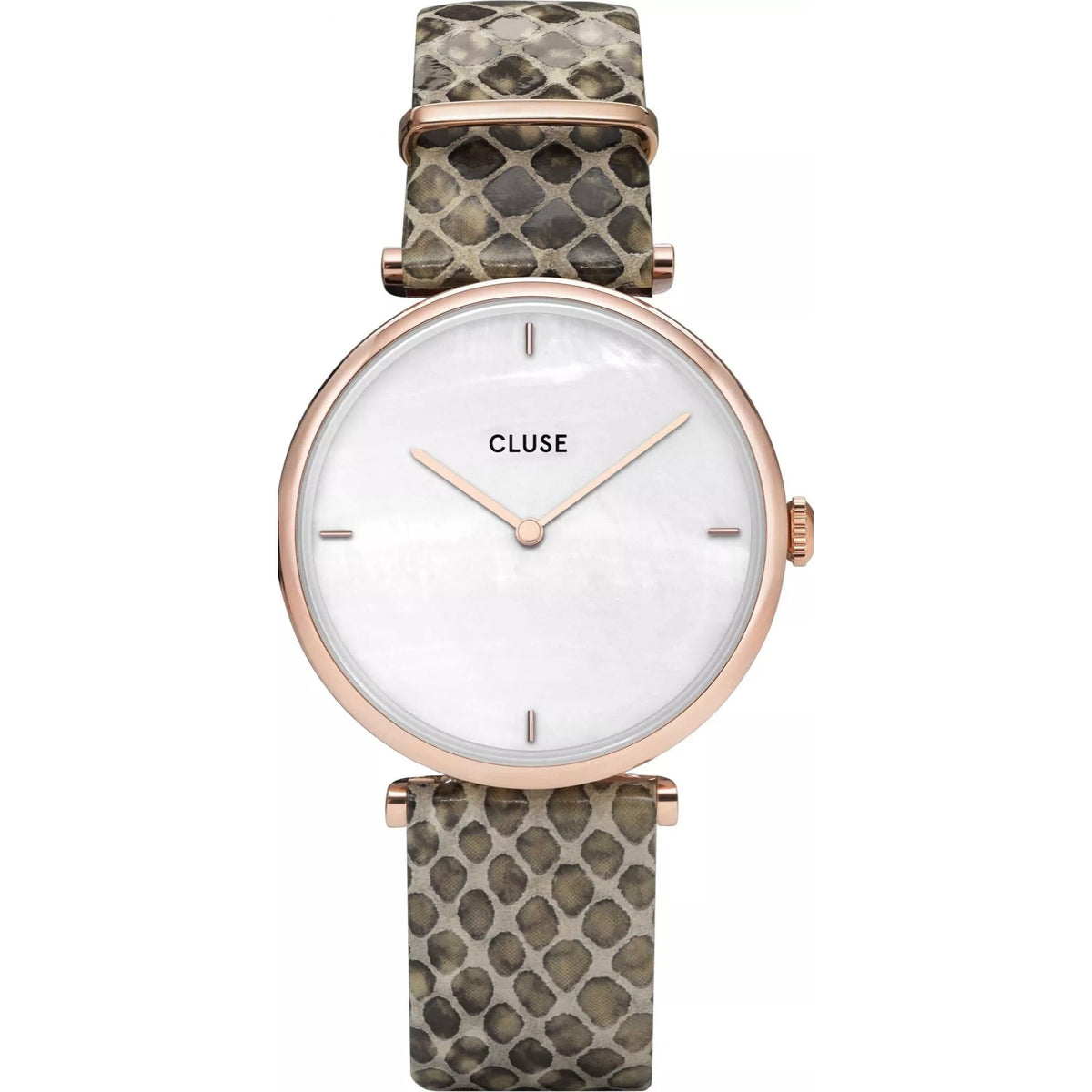 Front view CLUSE ladies rose gold watch, white dial, and olive snakeskin leather strap