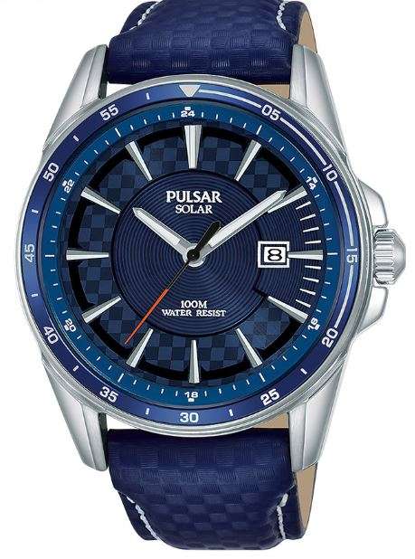 Men's solar watch with blue leather strap, silver case, dark dial with date at 8