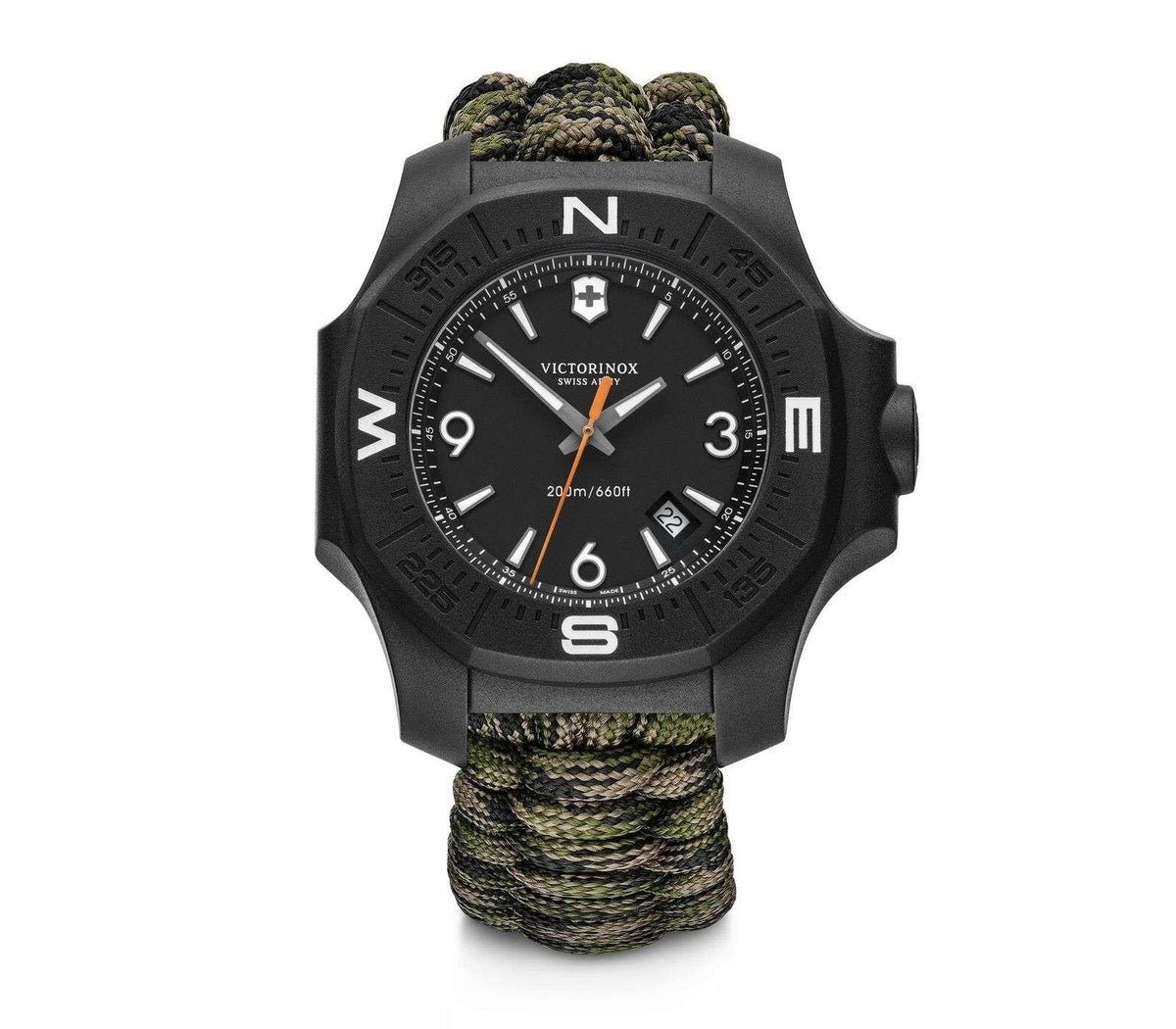 Victorinox I.N.O.X men’s watch with black dial and green paracord-wrapped strap