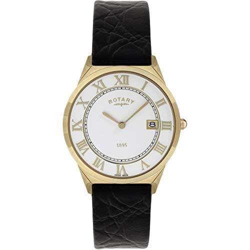 Men's Rotary quartz watch, rose-gold case, black leather strap, roman numeral dial