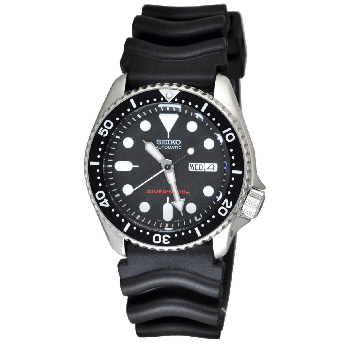 Men's Seiko SKX diver watch front view with black dial and 'WED 4' date