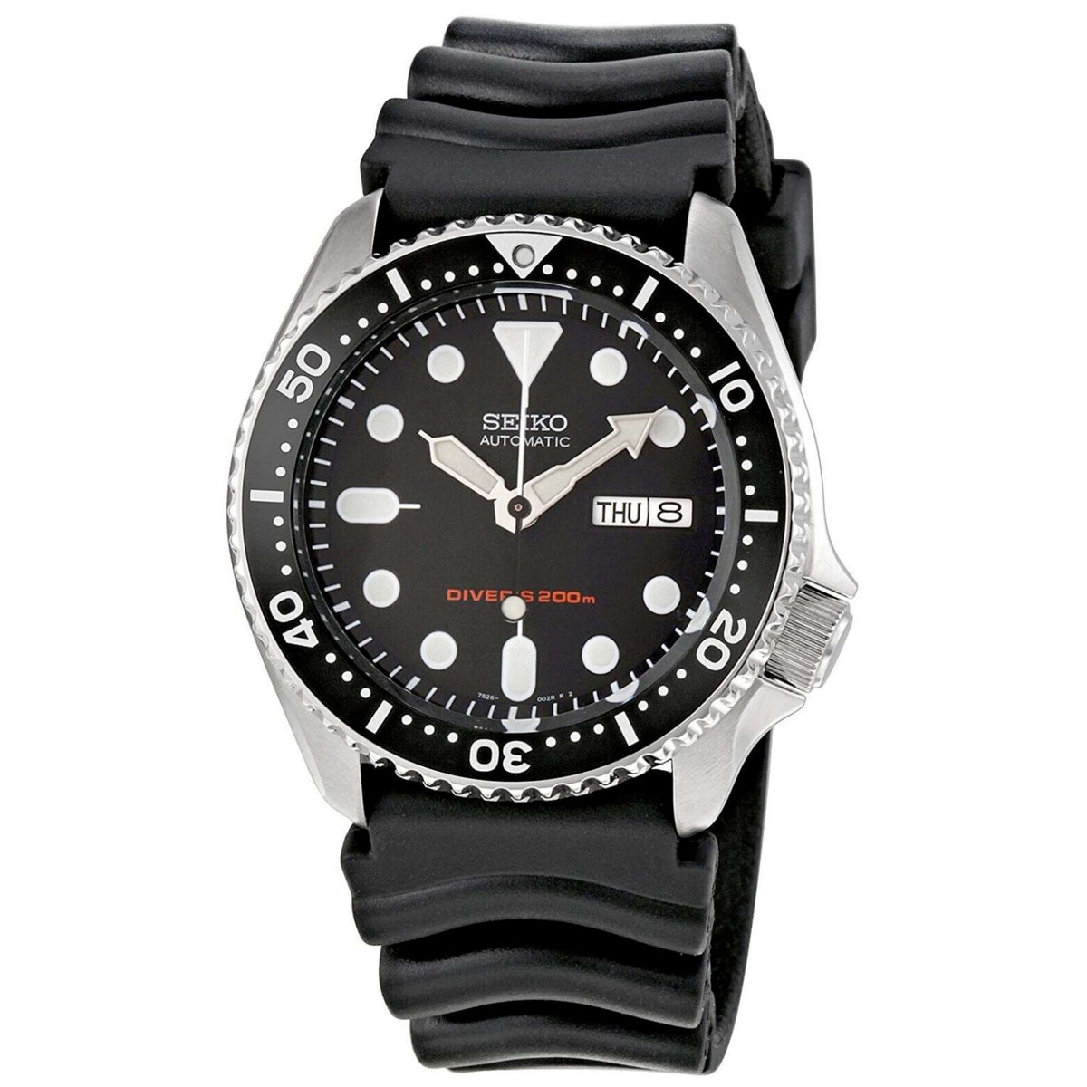 Men's Seiko SKX diver watch front view with black dial and black rubber strap