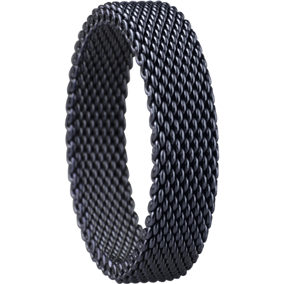 Braided dark gray metal ring with interlocked loop texture, round band.