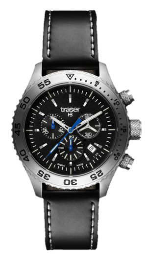 Men’s chronograph watch with black leather strap, black dial, blue subdials, silver bezel