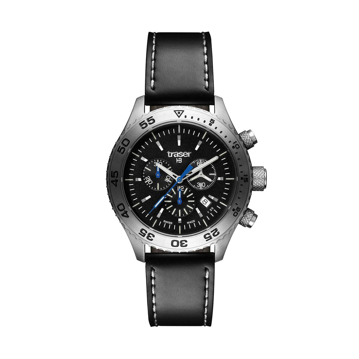 Men’s chronograph watch, black leather strap and black dial with blue subdials, side buttons