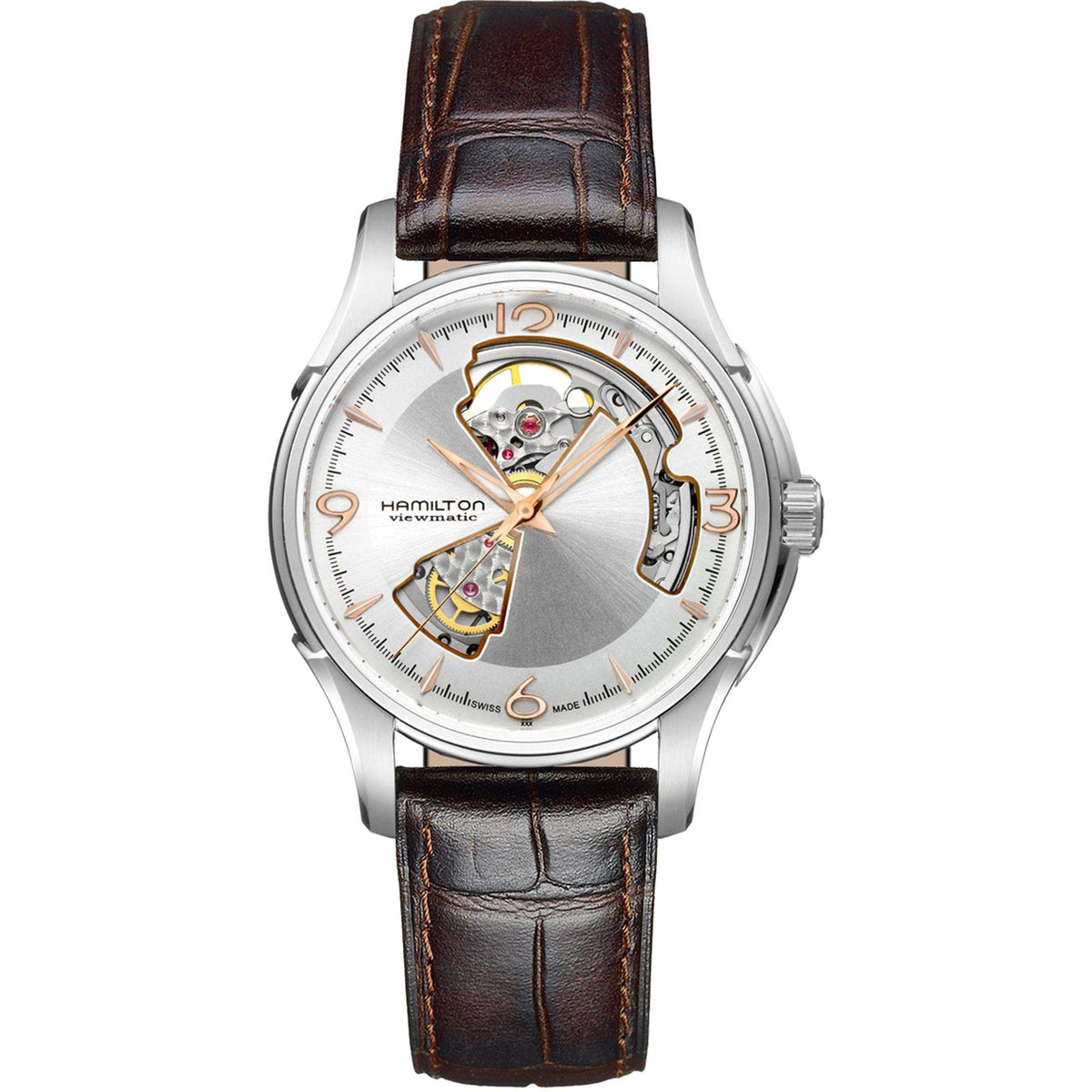Men's automatic open-heart watch, silver-tone case, white dial, brown leather strap