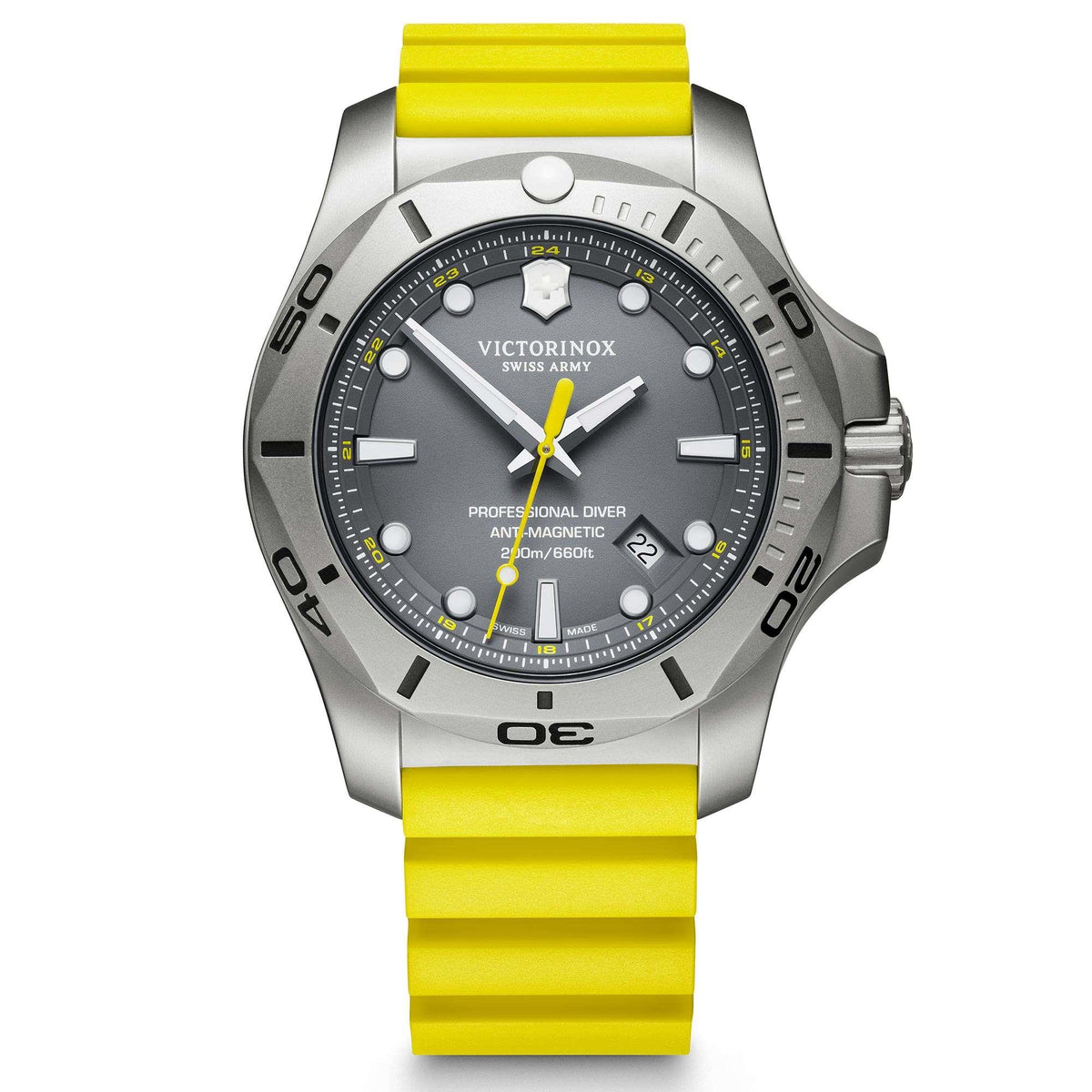 Men's dive watch with yellow rubber strap, grey dial, and stainless steel case front