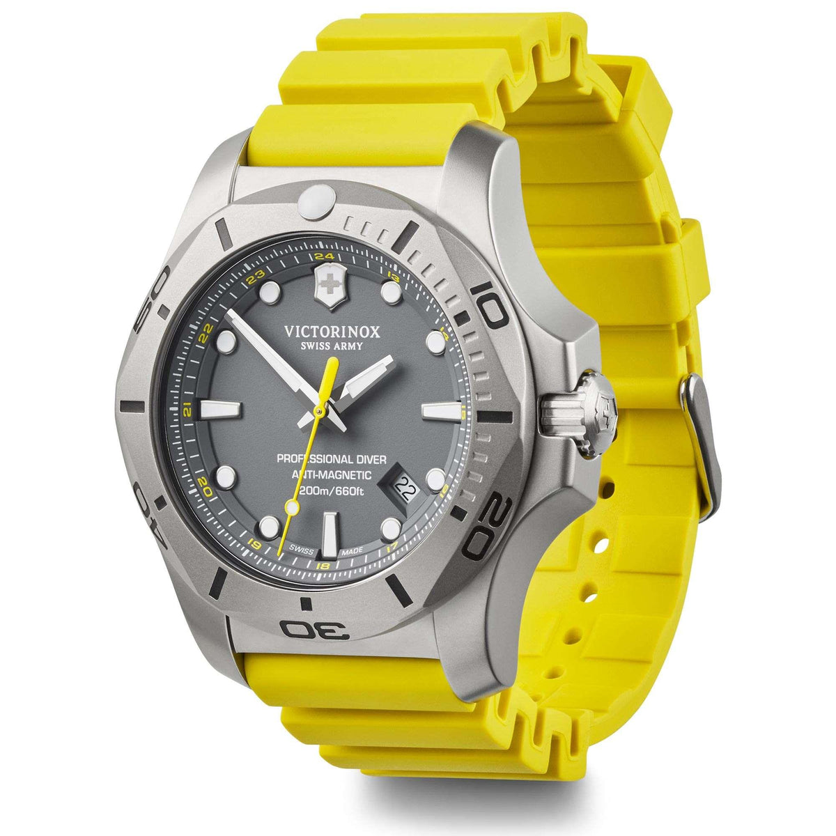 Men's dive watch with yellow rubber strap and grey dial, side view with crown detail