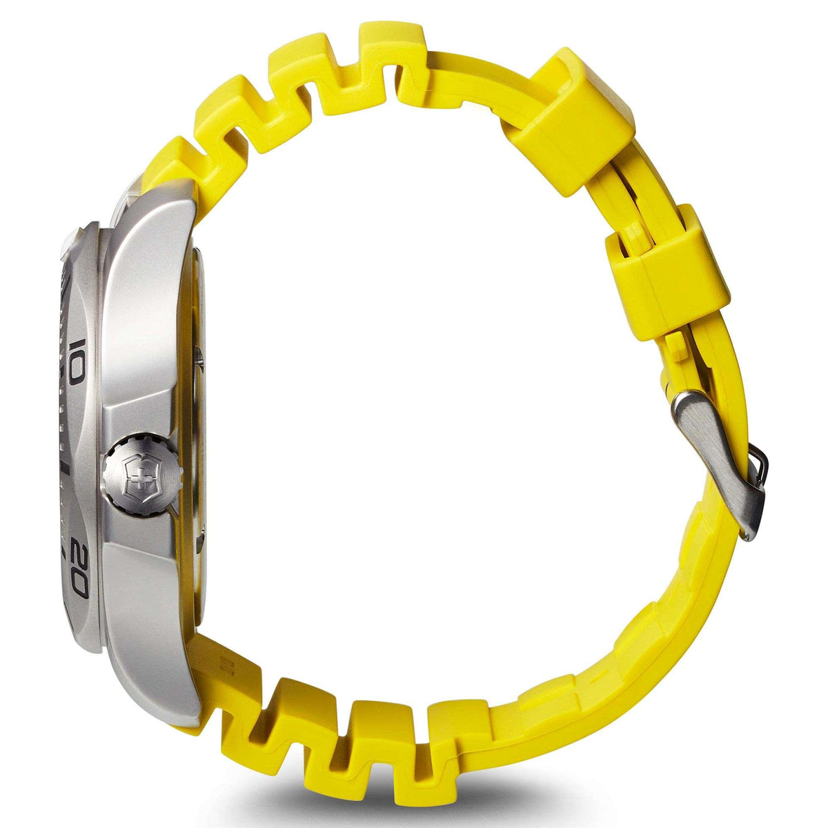 Men's dive watch with yellow rubber strap, angled side view of the stainless steel case