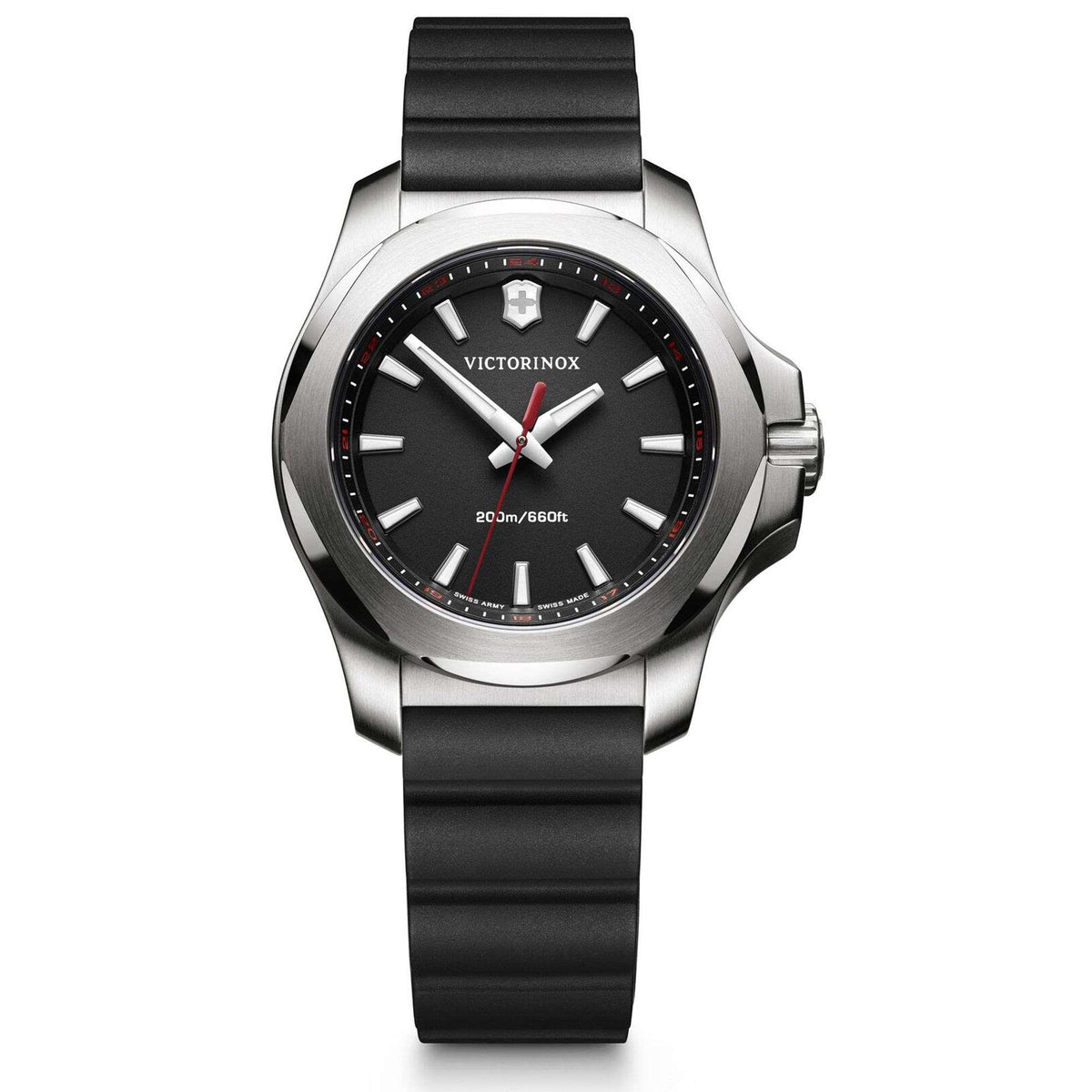 Front view ladies quartz watch with black dial, stainless case, and black rubber band