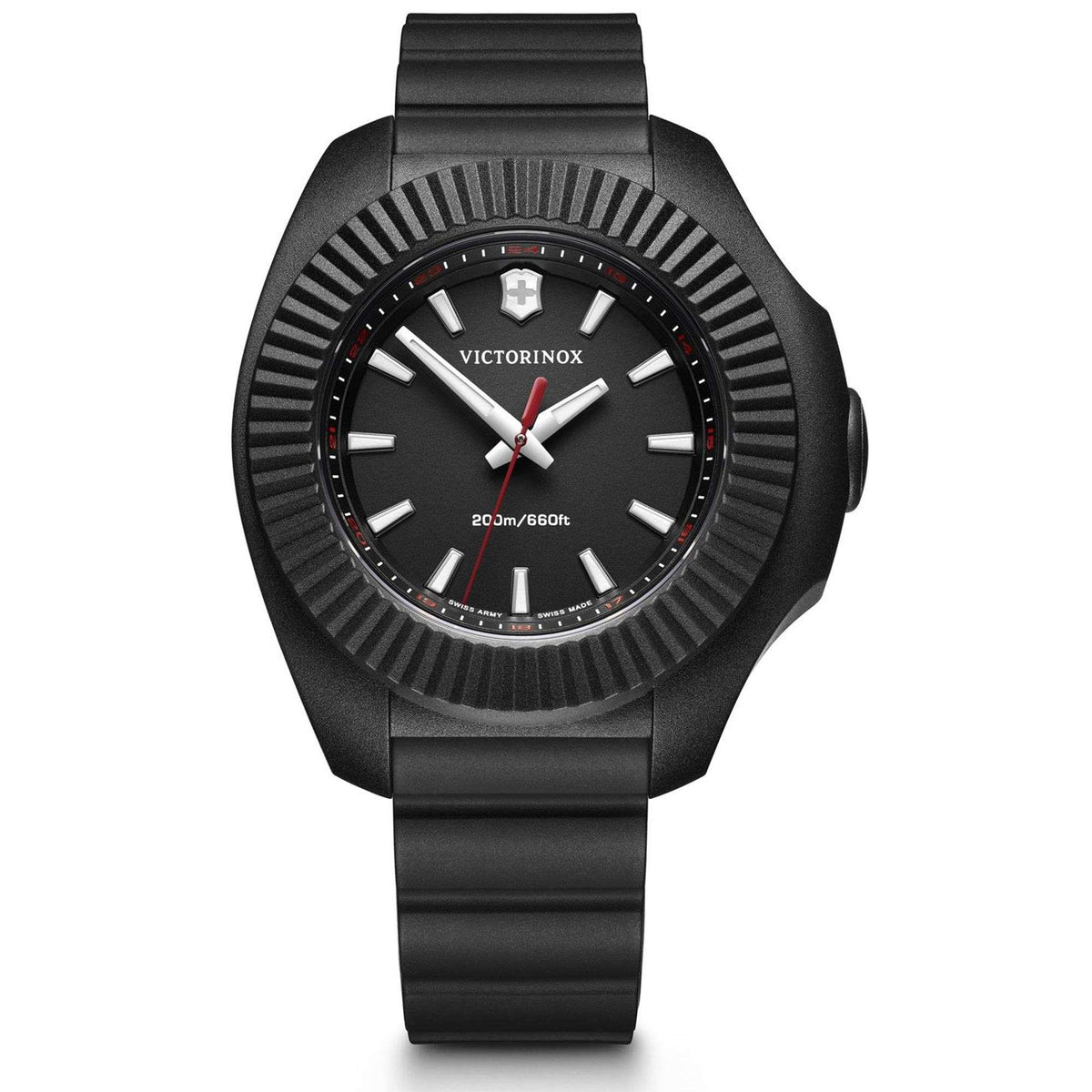 Ladies quartz wristwatch with black rubber strap, black dial, silver markers and hands.