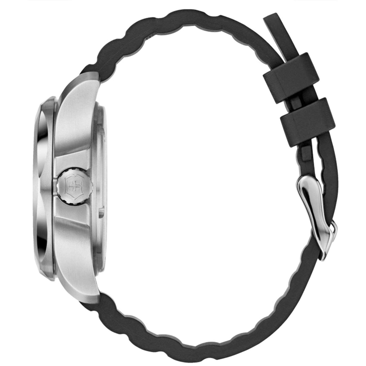 Stainless watch case side view with black rubber strap and buckle