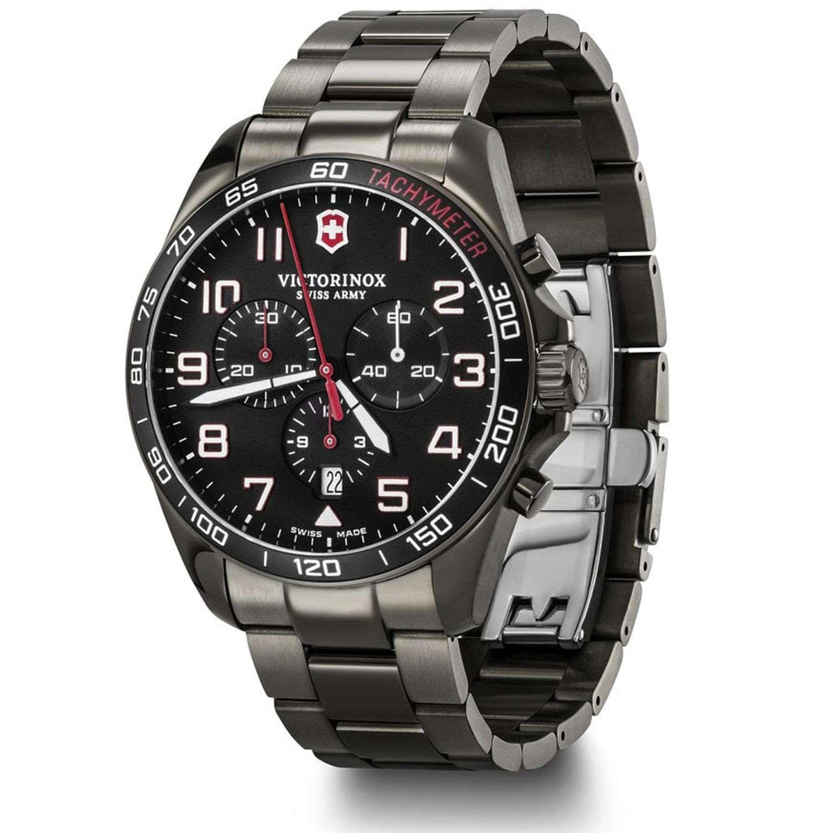 Stainless steel chronograph watch in angled side view; black dial with red details