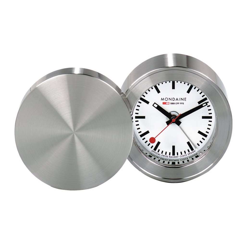 Mondaine quartz alarm clock, brushed-silver case with white dial and red second hand