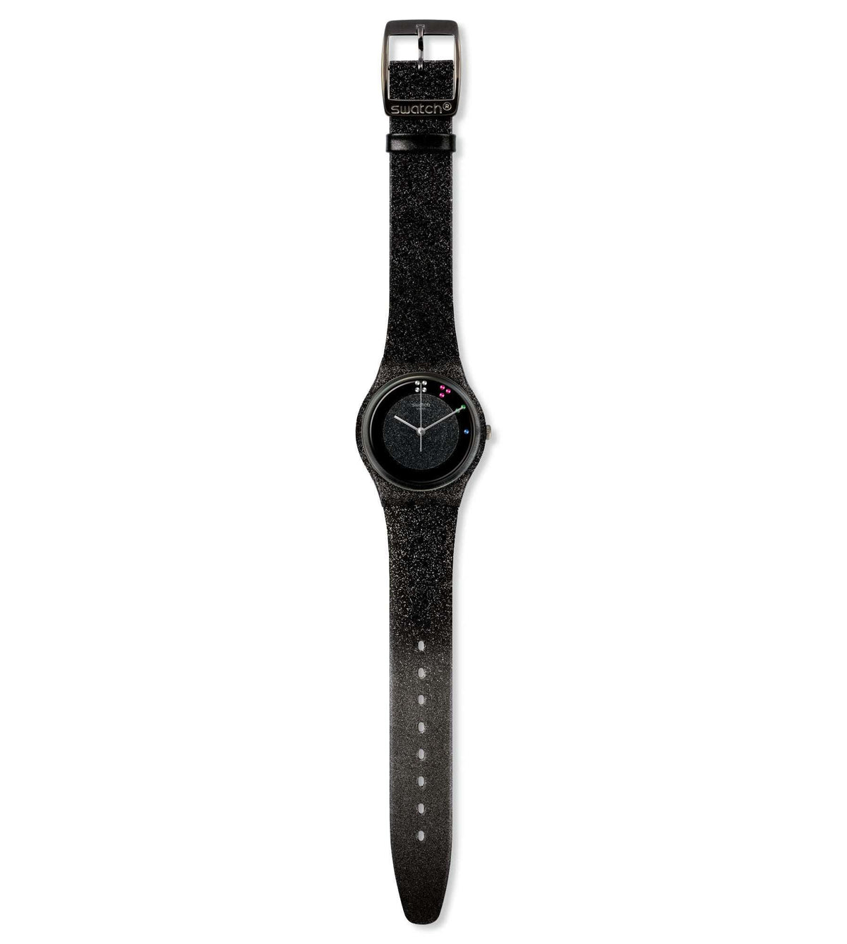 Black glitter strap quartz watch with round dark dial, silver hands, side crown detail
