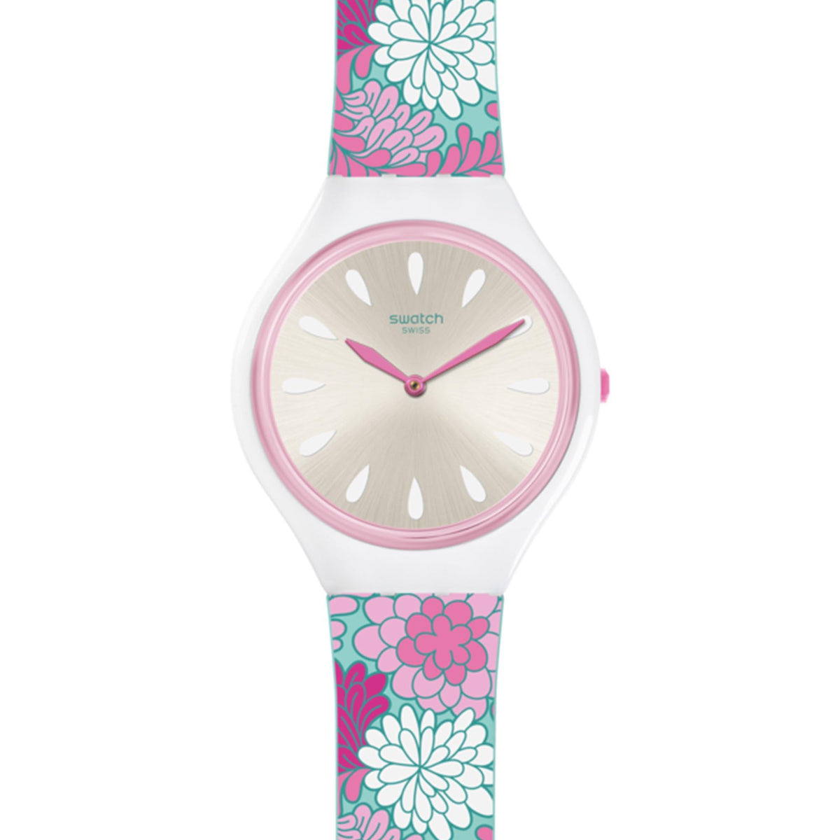 Round ladies watch with taupe dial, pink bezel, and multicolor flower-pattern strap