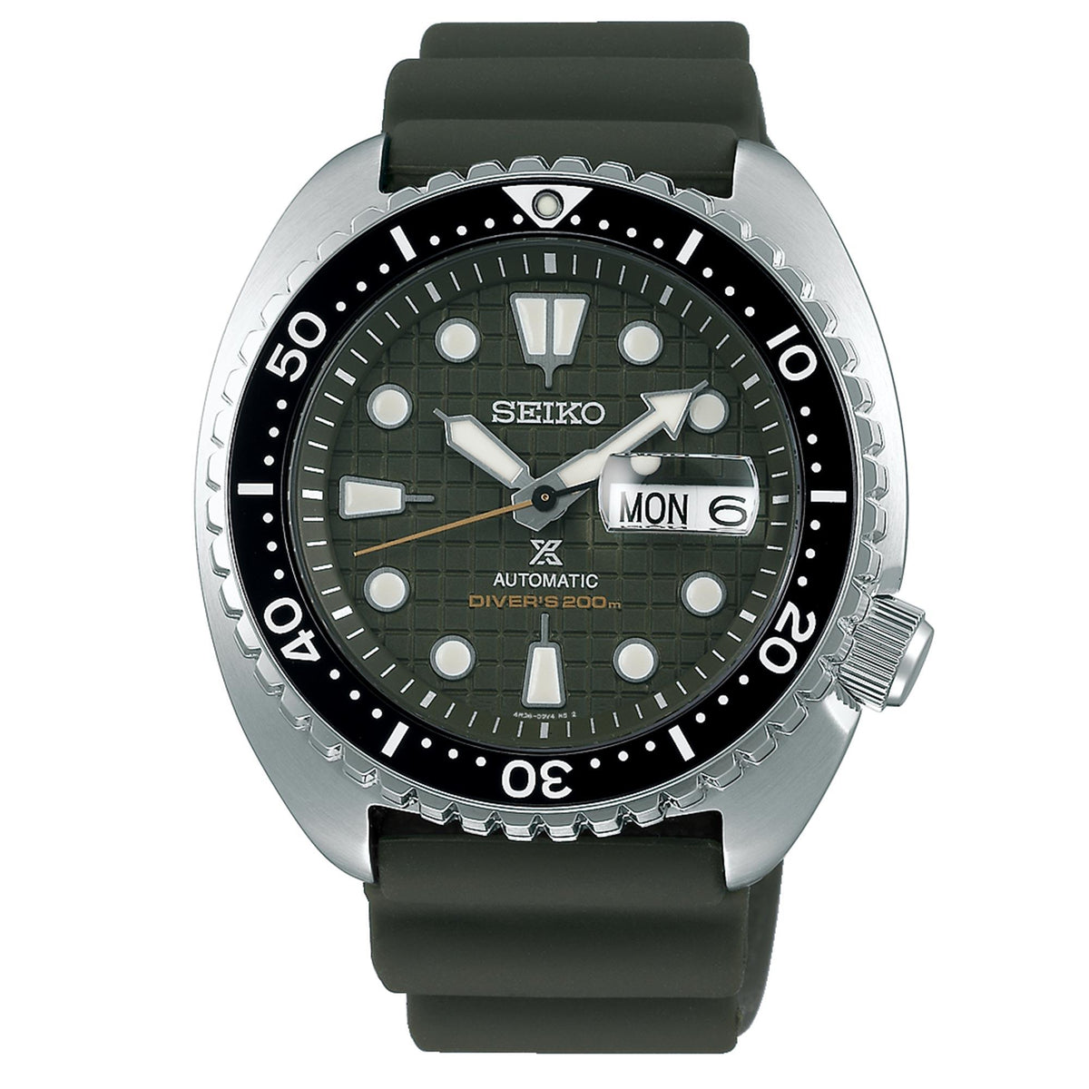 Men's automatic diver watch, green dial with date window, green silicone strap, crown side