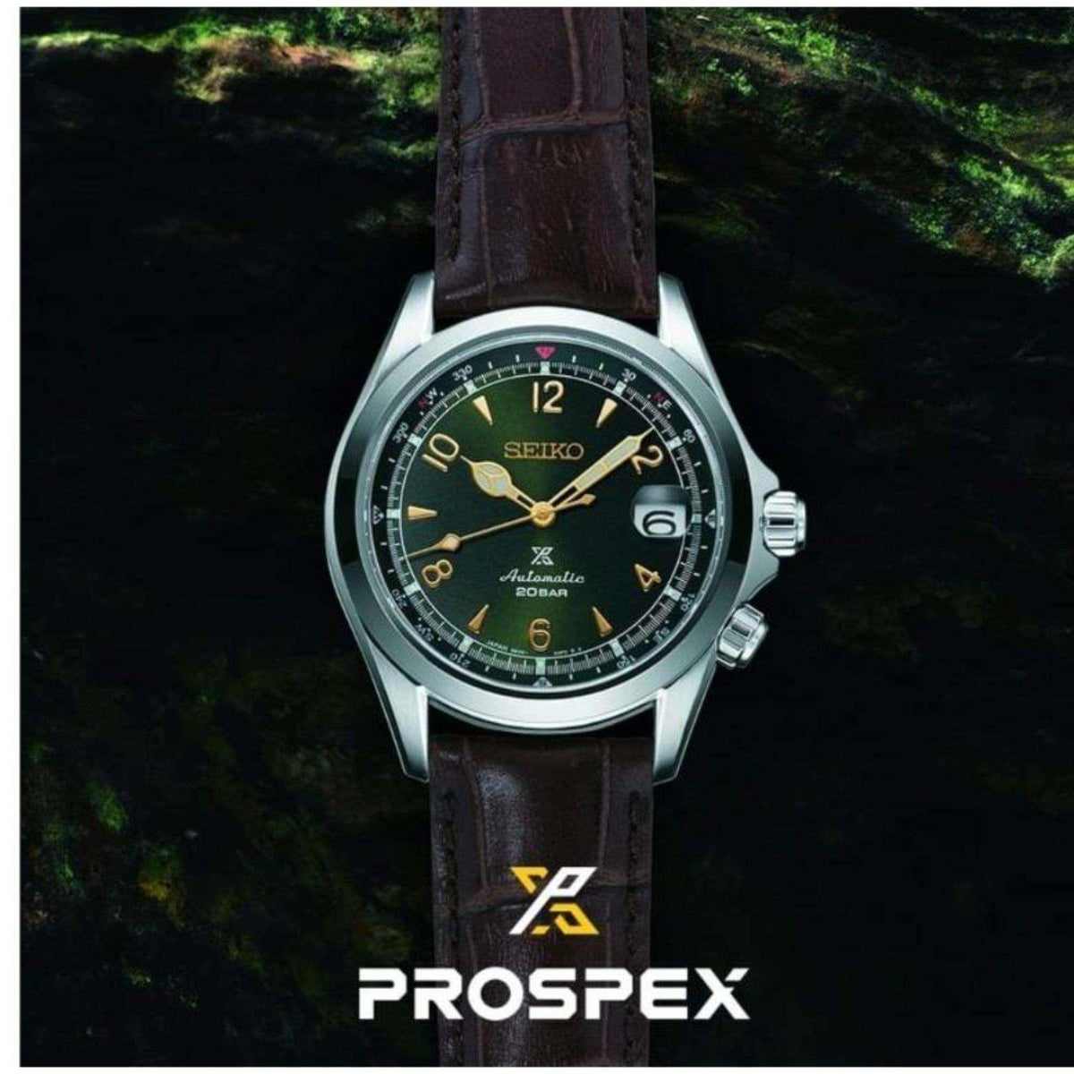 Seiko Prospex Alpinist automatic watch, dark green dial with gold hands, brown leather strap