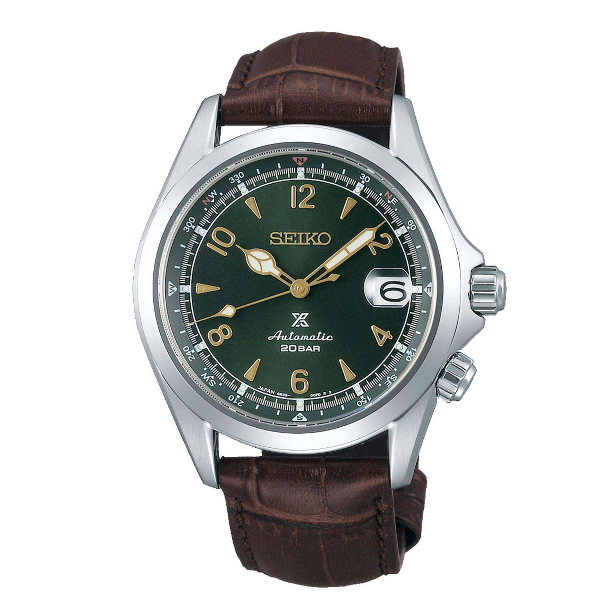 Seiko Prospex Alpinist automatic watch with silver case, dark green dial, brown leather strap
