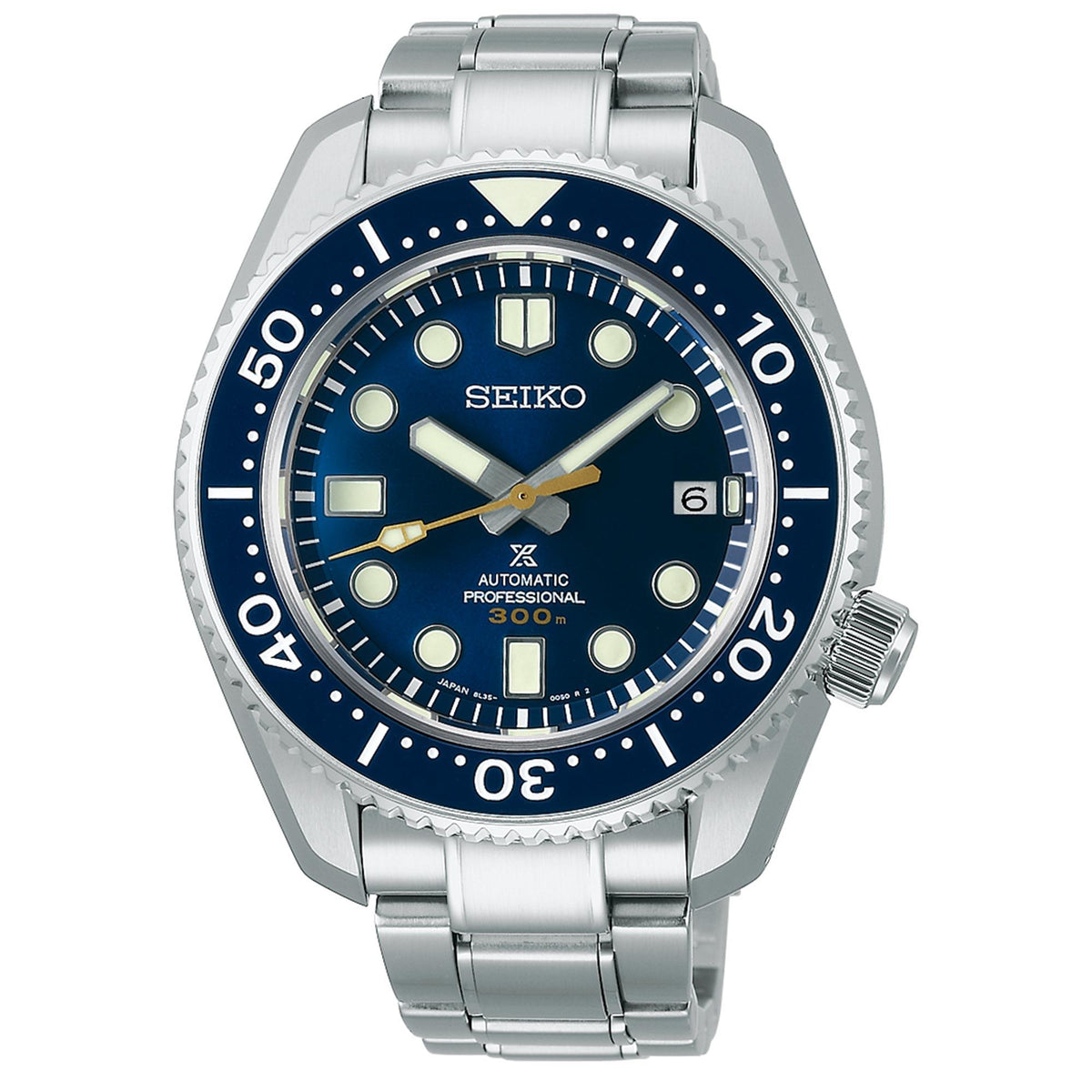 Silver stainless steel diver watch with blue dial, bezel numerals, and knurled bezel edge